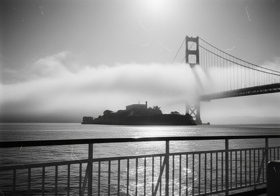 Fog rolling over Twin Peaks in San Francisco, black and white photograph titled Karl