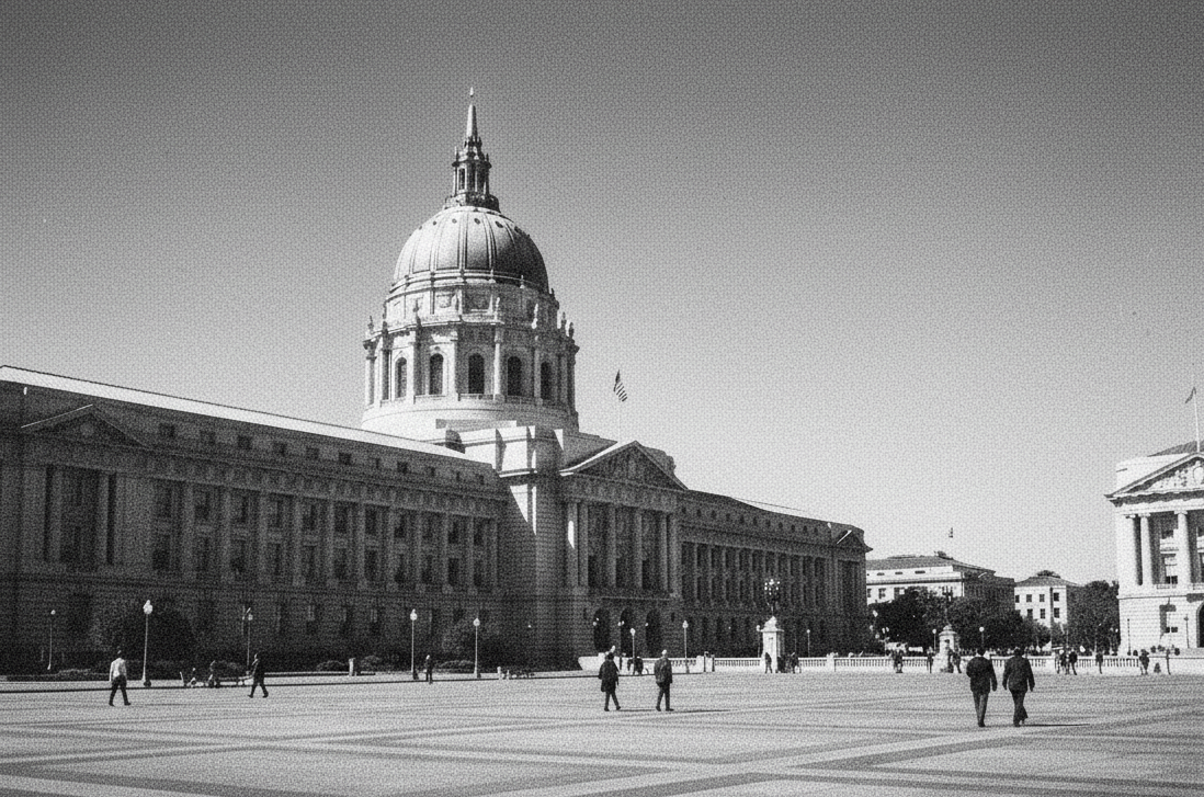 Black and white photograph of San Francisco Civic Center softened under layers of fog