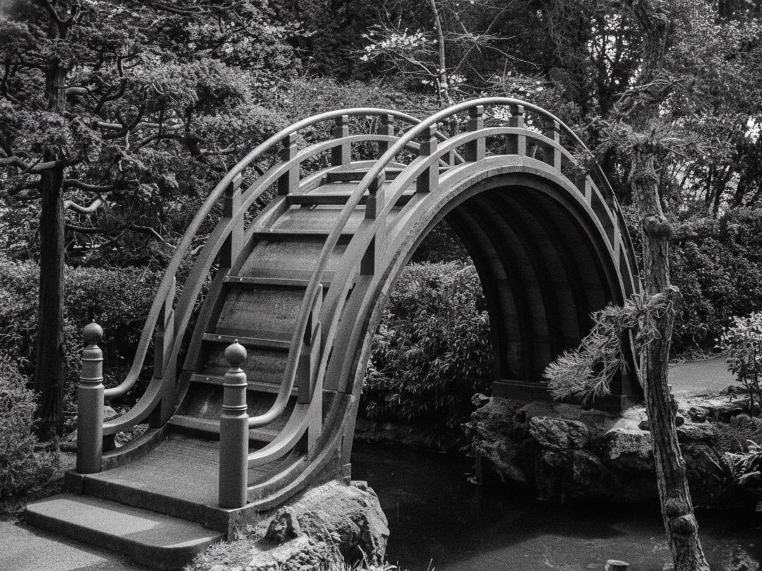 Black and white photograph of the Japanese Tea Garden in Golden Gate Park wrapped in soft fog