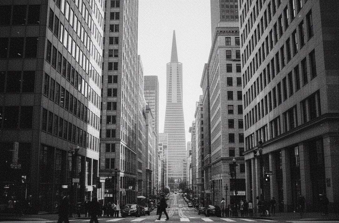 Downtown San Francisco financial district disappearing into fog, black and white photograph titled FiDi